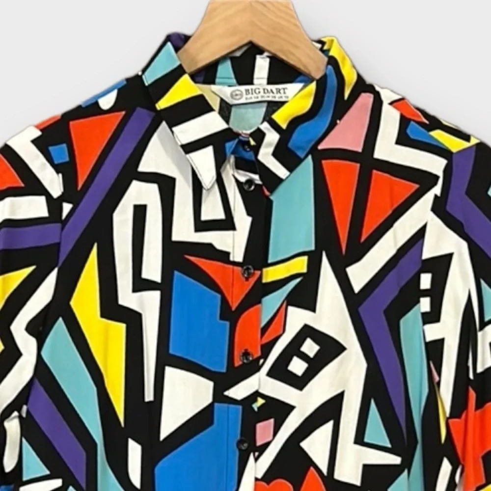 Big Dart Multicolored Abstract Art Deco Button-Up… - image 8